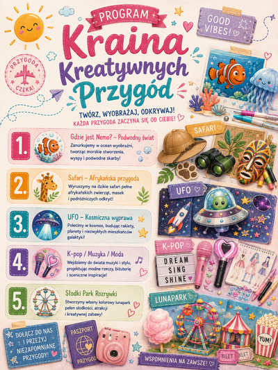 Plakat wydarzenia:  WAKACYJNE WARSZTATY KREATYWNE KRAINA KREATYWNYCH PRZYGÓD 