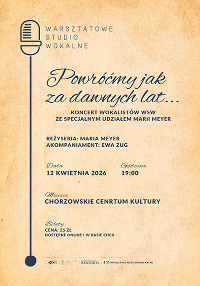 Plakat wydarzenia:  Koncert Warsztatowego Studia Wokalnego-Powróćmy jak za dawnych lat 
